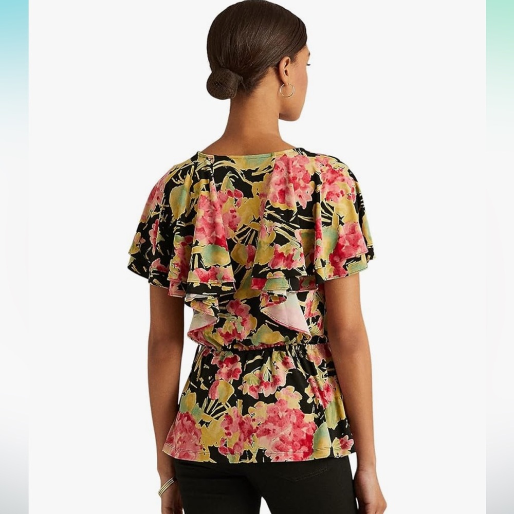 Lauren Ralph Lauren Floral Ruffle-Trim Surplice Jersey Top Size Petite XS - Picture 2 of 13